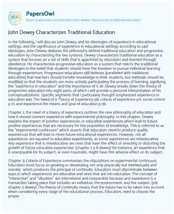 Essay on John Dewey Characterizes Traditional Education