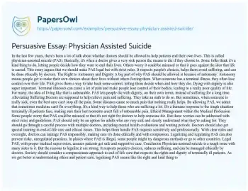 Essay on Persuasive Essay: Physician Assisted Suicide