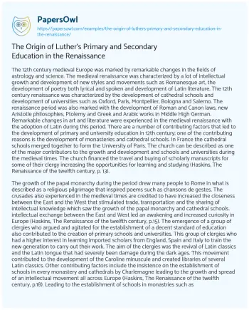 Essay on The Origin of Luther’s Primary and Secondary Education in the Renaissance