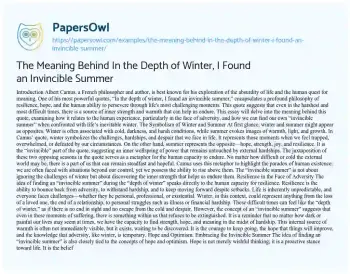Essay on The Meaning Behind in the Depth of Winter, i Found an Invincible Summer
