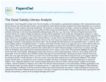 Essay on The Great Gatsby Literary Analysis