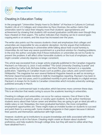 Essay on Cheating in Education Today