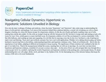 Essay on Navigating Cellular Dynamics: Hypertonic Vs. Hypotonic Solutions Unveiled in Biology