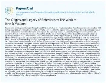 Essay on The Origins and Legacy of Behaviorism: the Work of John B. Watson