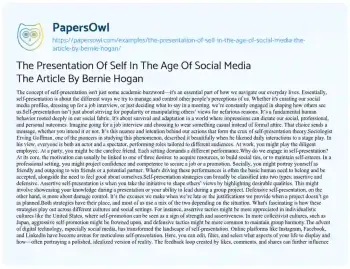 Essay on The Presentation of Self in the Age of Social Media the Article by Bernie Hogan