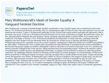 Essay on Mary Wollstonecraft’s Ideals of Gender Equality: a Vanguard Feminist Doctrine