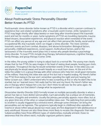 Essay on About Posttraumatic Stress Personality Disorder Better Known as PTSD