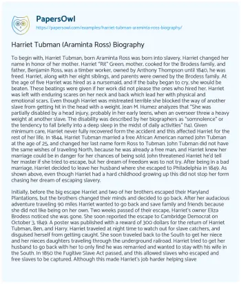 Essay on Harriet Tubman (Araminta Ross) Biography