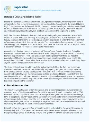 Essay on Refugee Crisis and Islamic Relief