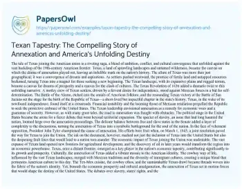 Essay on Texan Tapestry: the Compelling Story of Annexation and America’s Unfolding Destiny