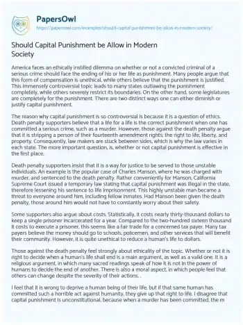 Essay on Should Capital Punishment be Allow in Modern Society