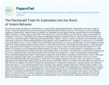 Essay on The Macdonald Triad: an Exploration into the Roots of Violent Behavior