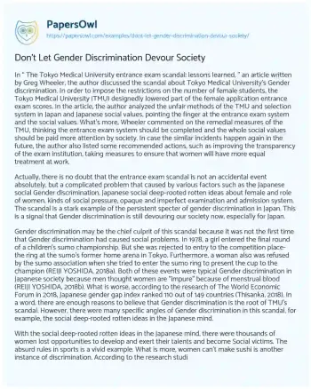 Essay on Don’t Let Gender Discrimination Devour Society