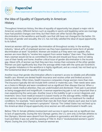 Essay on the Idea of Equality of Opportunity in American History