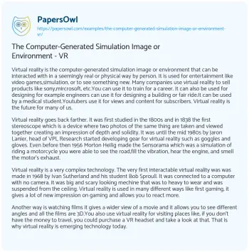 Essay on The Computer-Generated Simulation Image or Environment – VR