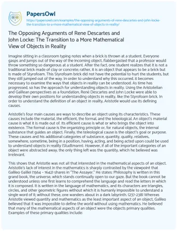 Essay on The Opposing Arguments of Rene Descartes and John Locke: the Transition to a more Mathematical View of Objects in Reality