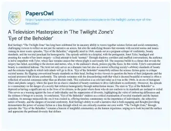 Essay on A Television Masterpiece in ‘The Twilight Zone’s’ ‘Eye of the Beholder’