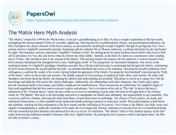 Essay on The Matrix Hero Myth Analysis