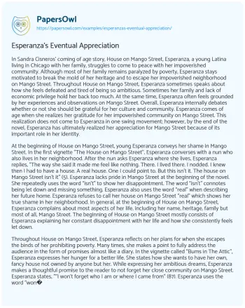 Essay on Esperanza’s Eventual Appreciation