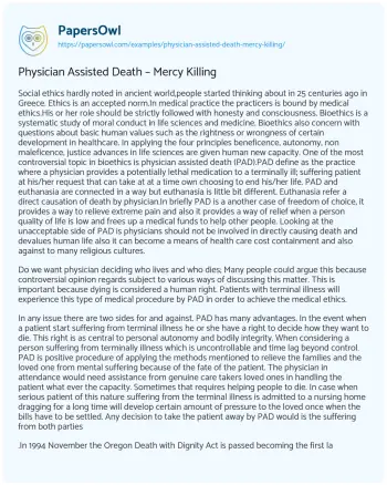 Essay on Physician Assisted Death – Mercy Killing