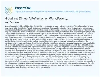 Essay on Nickel and Dimed: a Reflection on Work, Poverty, and Survival