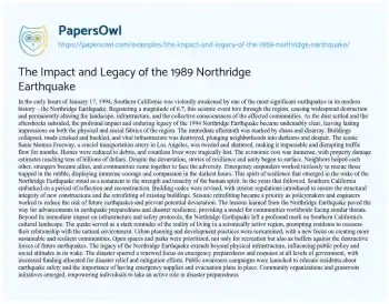 Essay on The Impact and Legacy of the 1989 Northridge Earthquake