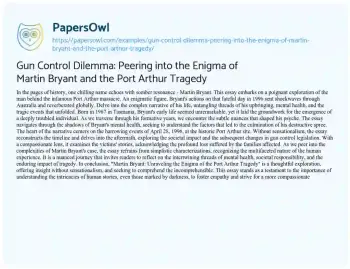 Essay on Gun Control Dilemma: Peering into the Enigma of Martin Bryant and the Port Arthur Tragedy