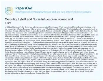 Essay on Mercutio, Tybalt and Nurse Influence in Romeo and Juliet