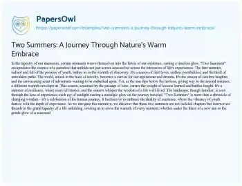 Essay on Two Summers: a Journey through Nature’s Warm Embrace