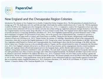 Essay on New England and the Chesapeake Region Colonies