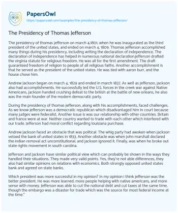 Essay on The Presidency of Thomas Jefferson