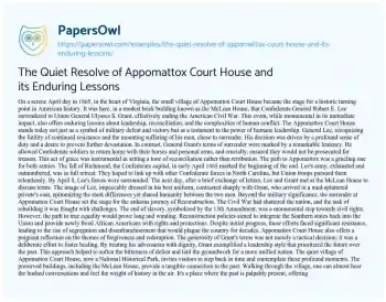 Essay on The Quiet Resolve of Appomattox Court House and its Enduring Lessons