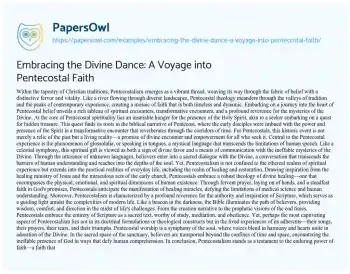 Essay on Embracing the Divine Dance: a Voyage into Pentecostal Faith