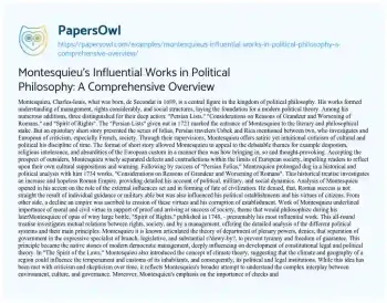 Essay on Montesquieu’s Influential Works in Political Philosophy: a Comprehensive Overview