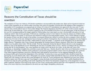 Essay on Reasons the Constitution of Texas should be Rewritten