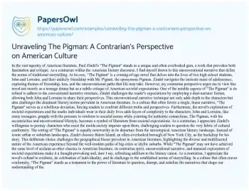 Essay on Unraveling the Pigman: a Contrarian’s Perspective on American Culture