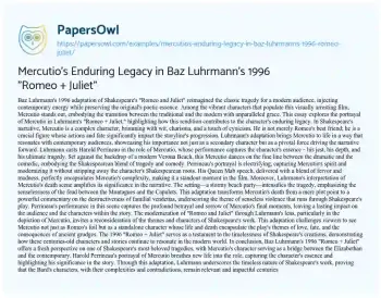 Essay on Mercutio’s Enduring Legacy in Baz Luhrmann’s 1996 “Romeo + Juliet”