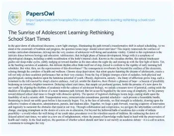 Essay on The Sunrise of Adolescent Learning: Rethinking School Start Times