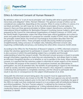 Essay on Ethics & Informed Consent of Human Research