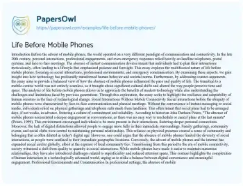 Essay on Life before Mobile Phones