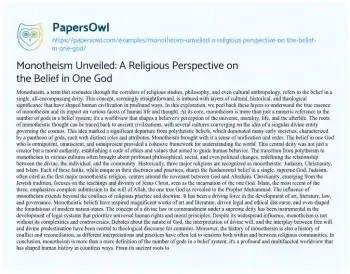 Essay on Monotheism Unveiled: a Religious Perspective on the Belief in One God