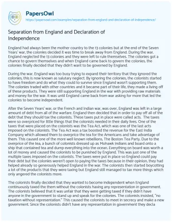 Essay on Separation from England and Declaration of Independence