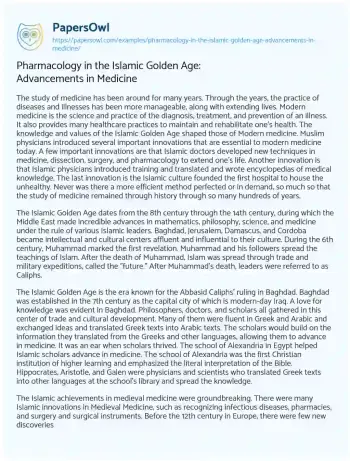 Essay on Pharmacology in the Islamic Golden Age: Advancements in Medicine