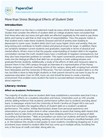 Essay on More than Stress Biological Effects of Student Debt