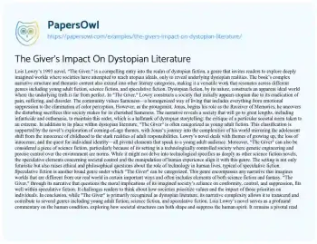 Essay on The Giver’s Impact on Dystopian Literature