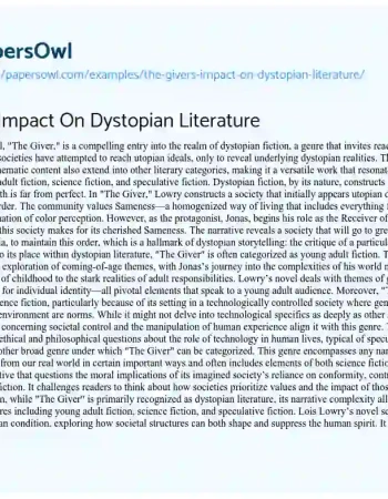 Essay on The Giver’s Impact on Dystopian Literature