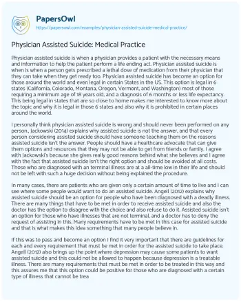 Essay on Physician Assisted Suicide: Medical Practice