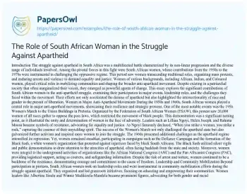 Essay on The Role of South African Woman in the Struggle against Apartheid