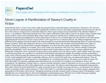 Essay on Simon Legree: a Manifestation of Slavery’s Cruelty in Fiction