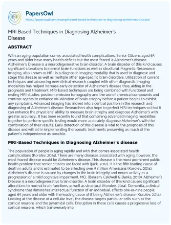 Essay on MRI Based Techniques in Diagnosing Alzheimer’s Disease